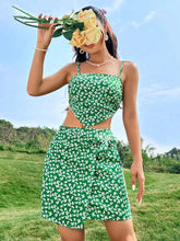 Women's Floral Print Wrap Tie Cami Top And Skirt Set With Open Back Design